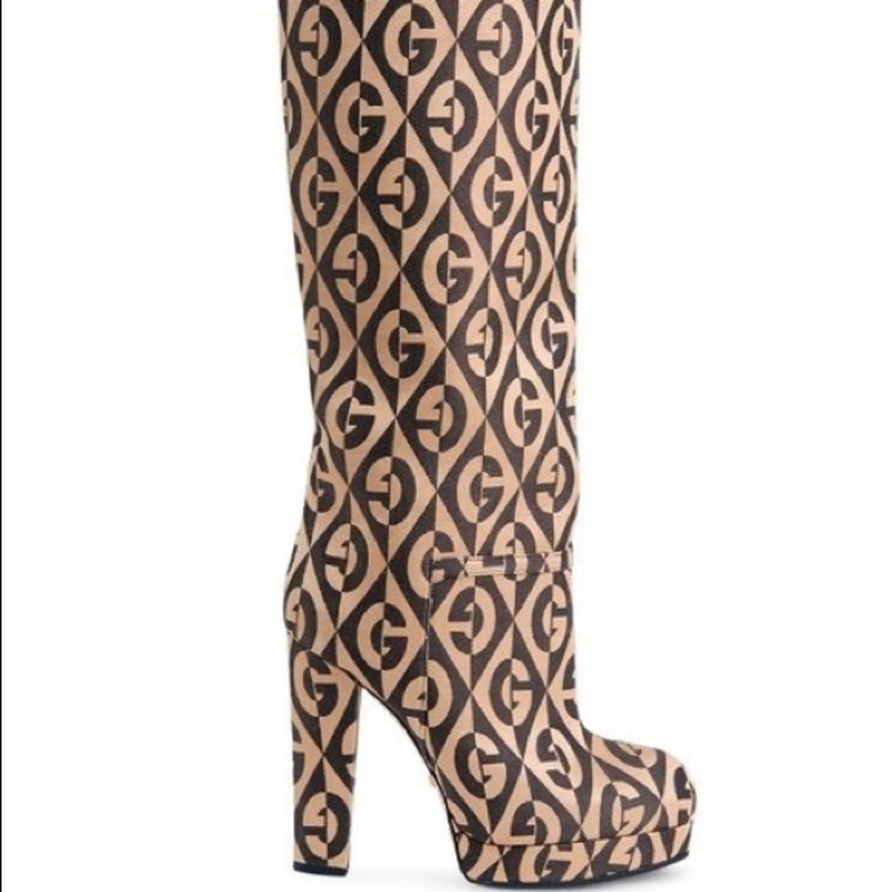 GUCCI Fabric G Rhombus Print Platform Boots Size EU37.5/ US7.5 Beige Cocoa - Picture 9 of 16